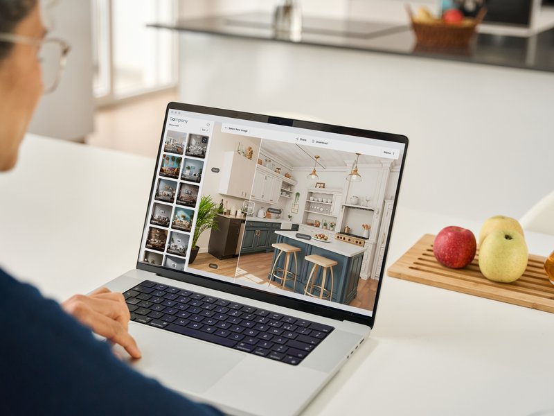 Roomvo Inspire AI room visualization showing modern and coastal design styles with real flooring and home decor products